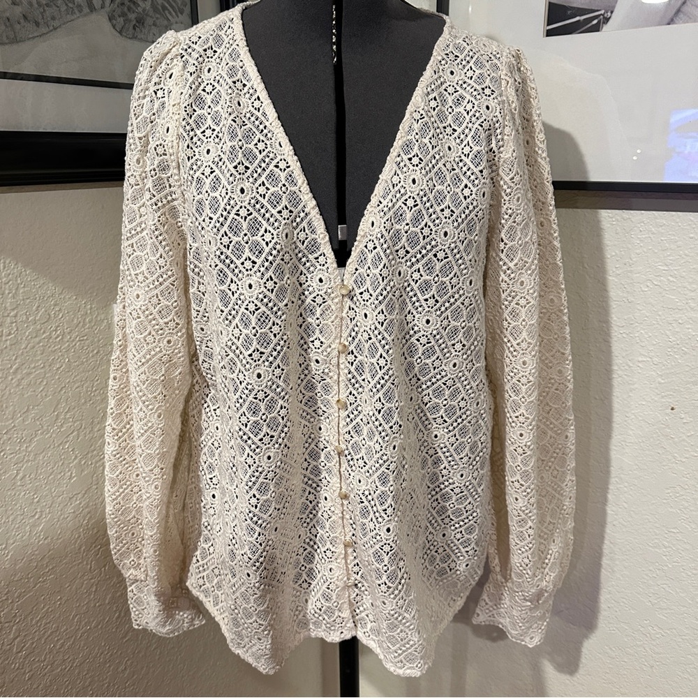 Sezane Cream Crochet Lace Button-Up Blouse